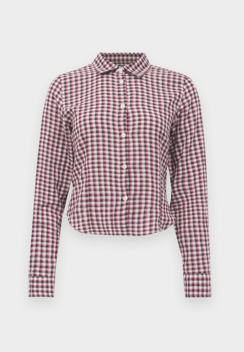 Langärmliges Hemd mit Knopfleiste im rosa-lila karierten Muster. Mit Kragen, abgerundetem Saum und weicher Stofftextur.