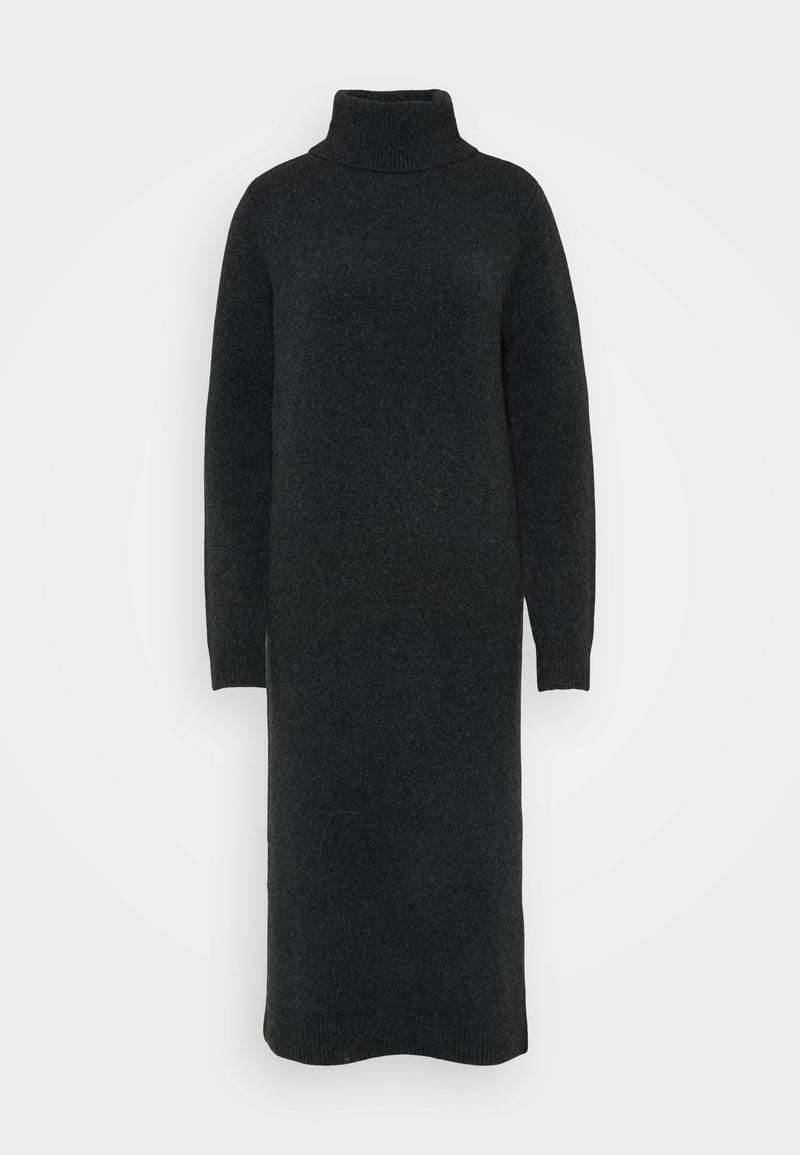 Schwarzes Rollkragenkleid aus strukturiertem Strickmaterial. Lange Ärmel und eine gerade Silhouette mit gerippten Bündchen an den Handgelenken.