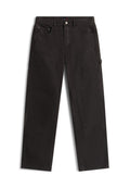 Schwarze, gerade geschnittene Arbeitshosen mit verstärkten Kniepolstern, vorderen und hinteren Taschen, Gürtelschlaufen und einem Knopfverschluss an der Taille.