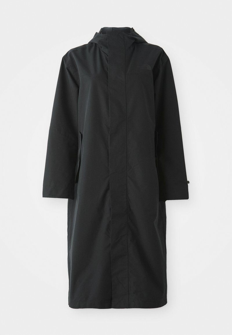 Schwarzer Regenmantel aus wasserabweisendem Material, mit hohem Kragen, langen Ärmeln, minimalistischen Design und seitlichen Taschen.