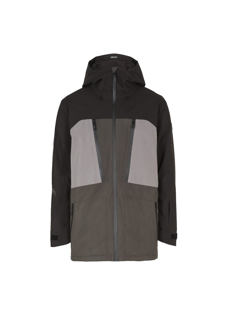 Outdoor-Jacke mit schwarzer Kapuze und Ärmeln, grauer Brustpartie mit zwei vertikalen Reißverschlusstaschen und olivgrüner Unterseite mit Frontreißverschluss.