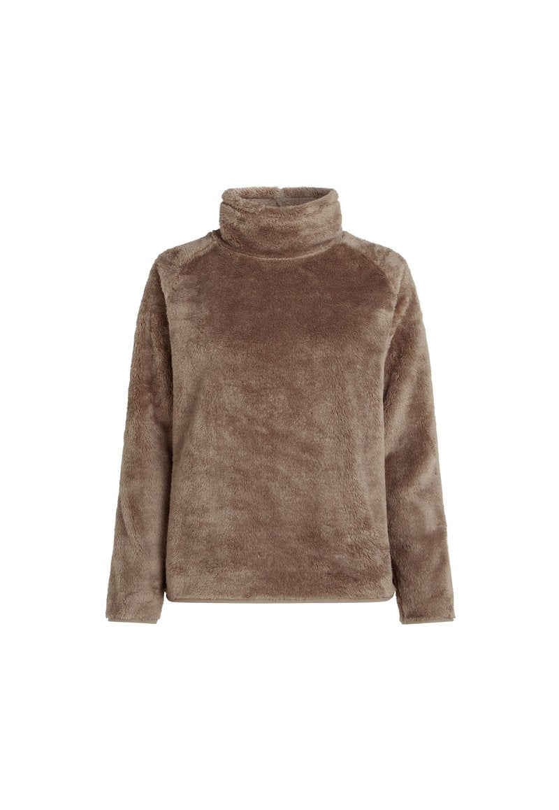 Brauner Fleece-Pullover mit hohem Kragen, langen Ärmeln und strukturierter Oberfläche. Verfügt über einen lockeren Schnitt und ein glattes Innenfutter.