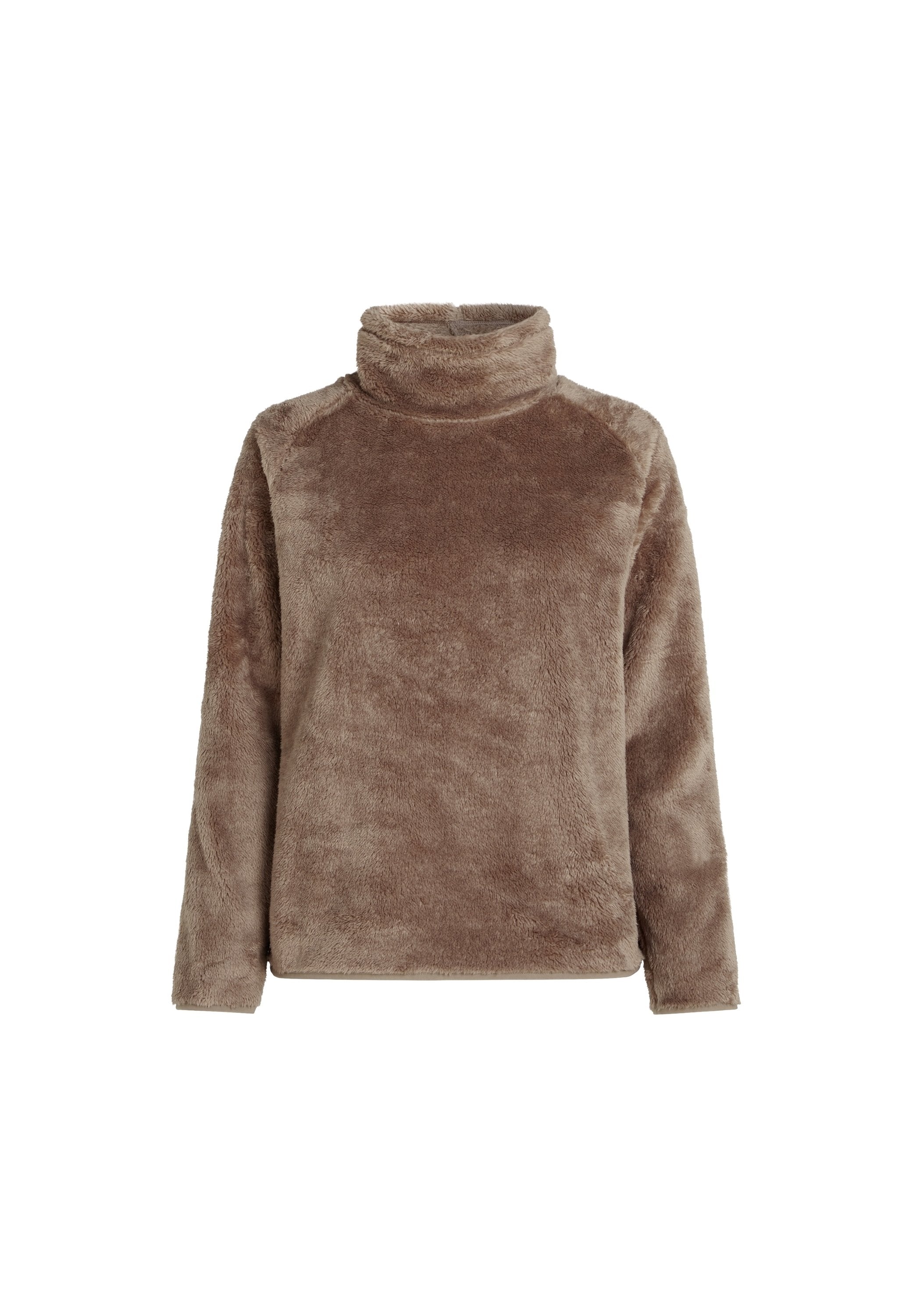 Brauner Fleece-Pullover mit hohem Kragen, langen Ärmeln und strukturierter Oberfläche. Verfügt über einen lockeren Schnitt und ein glattes Innenfutter.