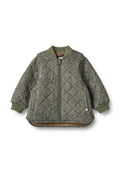 Gepolsterte olivgrüne Jacke mit einem Reißverschluss vorne, gerippten Bündchen und Kragen. Verfügt über ein strukturiertes Muster und ein gefüttertes Innenfutter für Wärme.