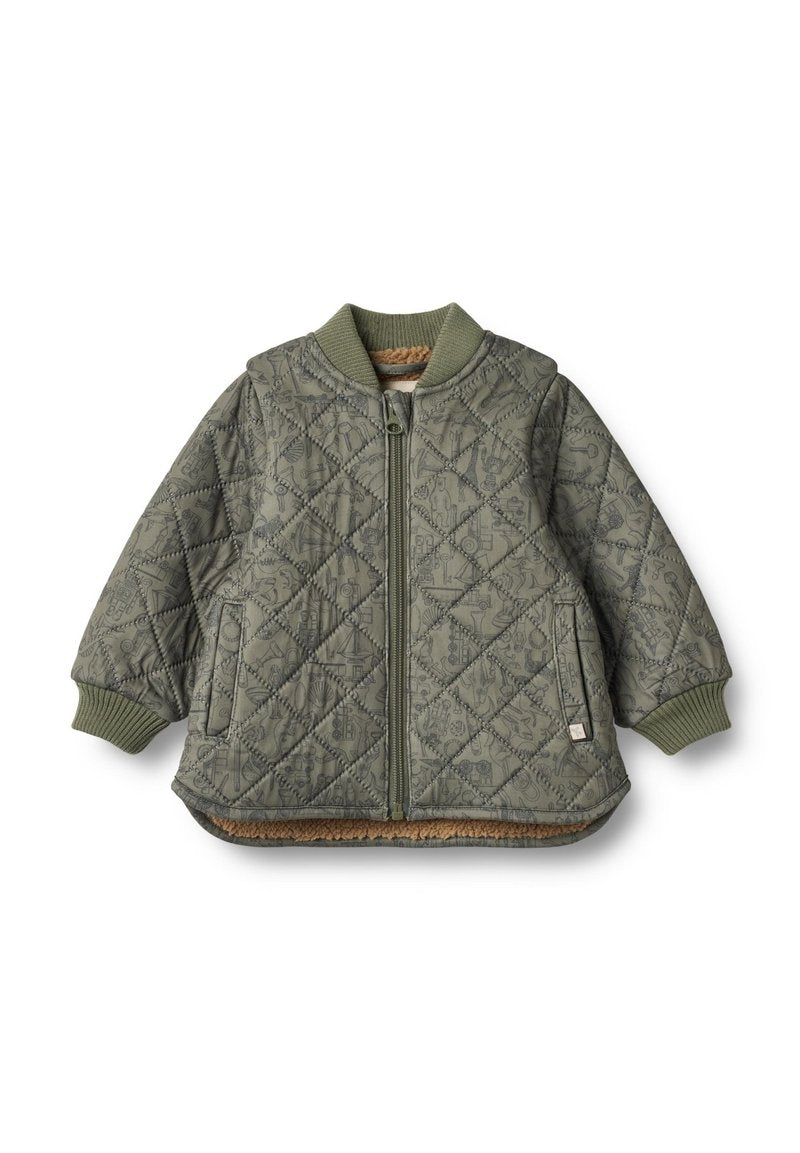 Gepolsterte olivgrüne Jacke mit einem Reißverschluss vorne, gerippten Bündchen und Kragen. Verfügt über ein strukturiertes Muster und ein gefüttertes Innenfutter für Wärme.