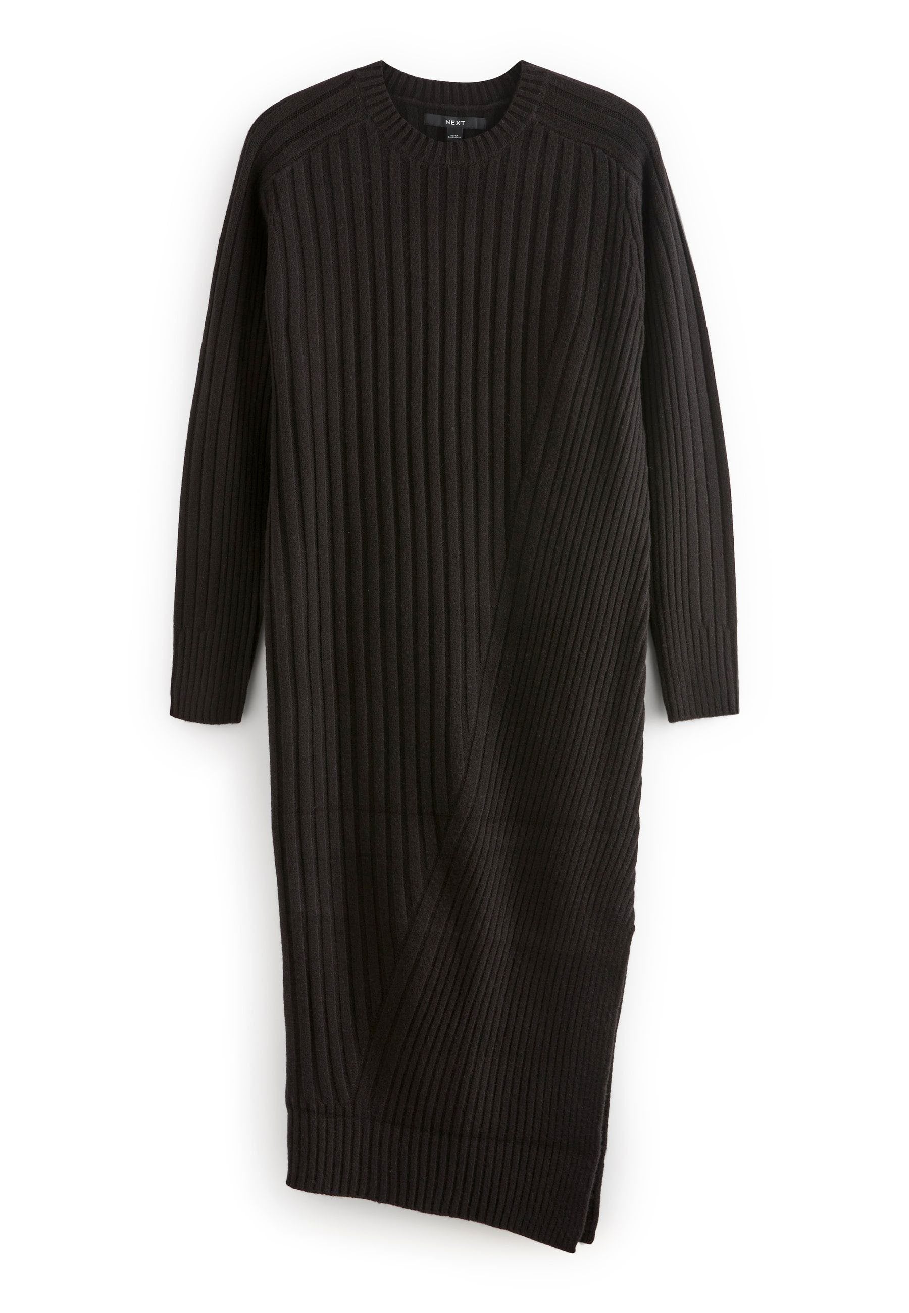 Schwarzes geripptes Strickkleid mit langen Ärmeln, Rundhalsausschnitt und asymmetrischem Design mit diagonalen Rippen und seitlichem Schlitz.