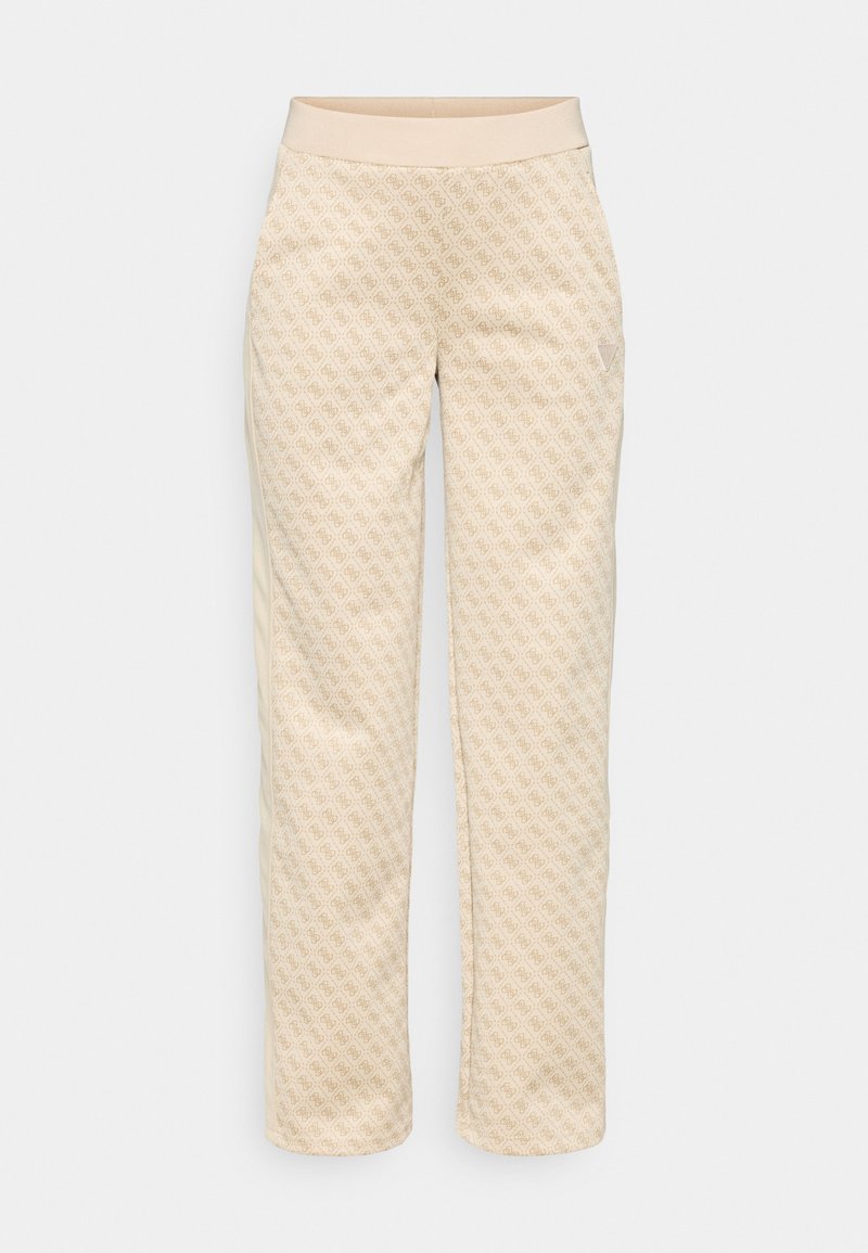 Beige gemusterte Hose mit strukturierter Oberfläche, elastischem Bund und Seitentasche. Das Muster zeigt ein durchgehendes wiederholtes Design.