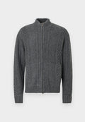 Dunkelgrauer Pullover mit Reißverschluss und hohem Kragen. Verfügt über ein strukturiertes Strickmuster sowie gerippte Bündchen und Saum. Hergestellt aus dickem, warmem Material.