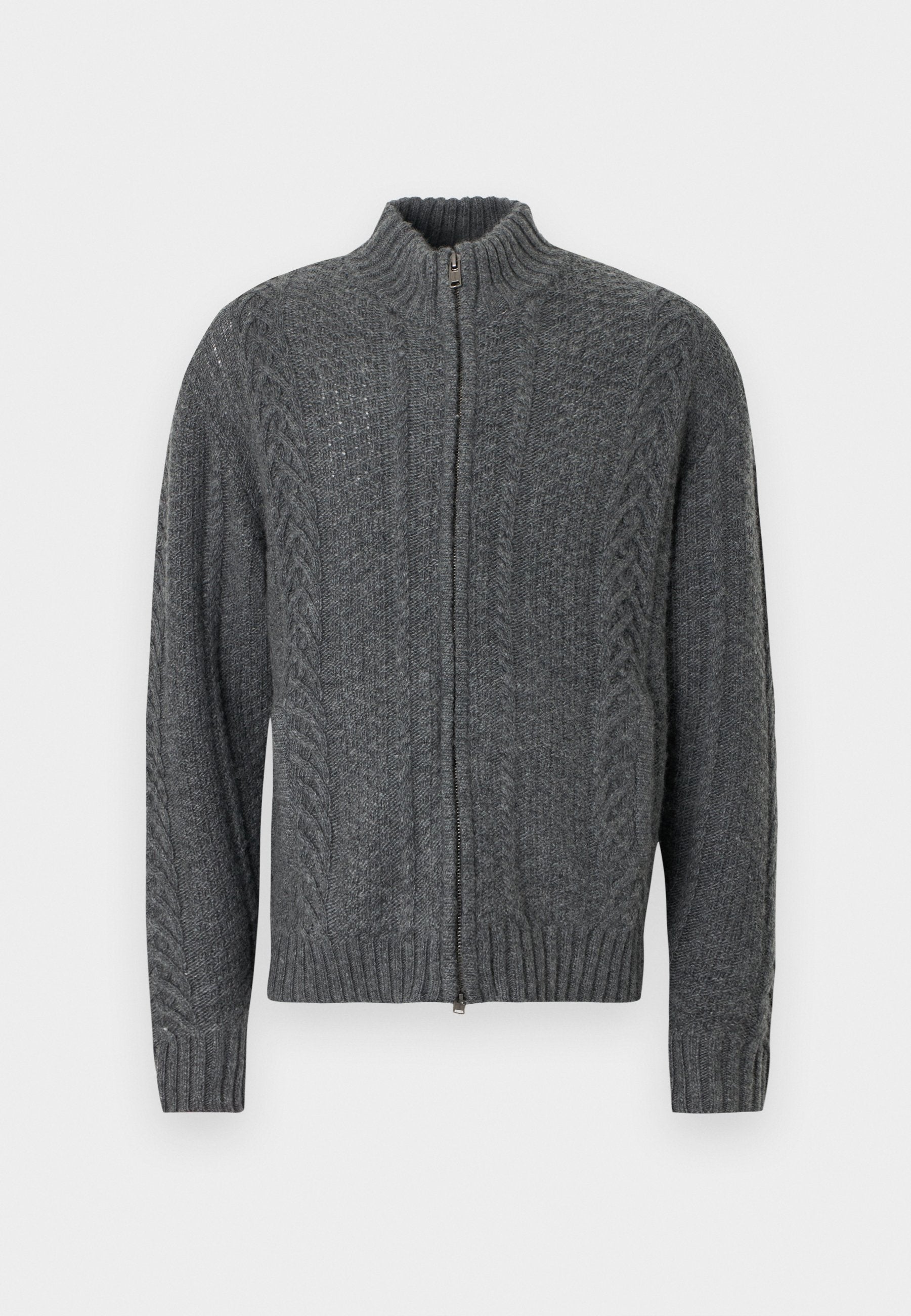 Dunkelgrauer Pullover mit Reißverschluss und hohem Kragen. Verfügt über ein strukturiertes Strickmuster sowie gerippte Bündchen und Saum. Hergestellt aus dickem, warmem Material.
