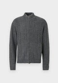 Dunkelgrauer Pullover mit Reißverschluss und hohem Kragen. Verfügt über ein strukturiertes Strickmuster sowie gerippte Bündchen und Saum. Hergestellt aus dickem, warmem Material.