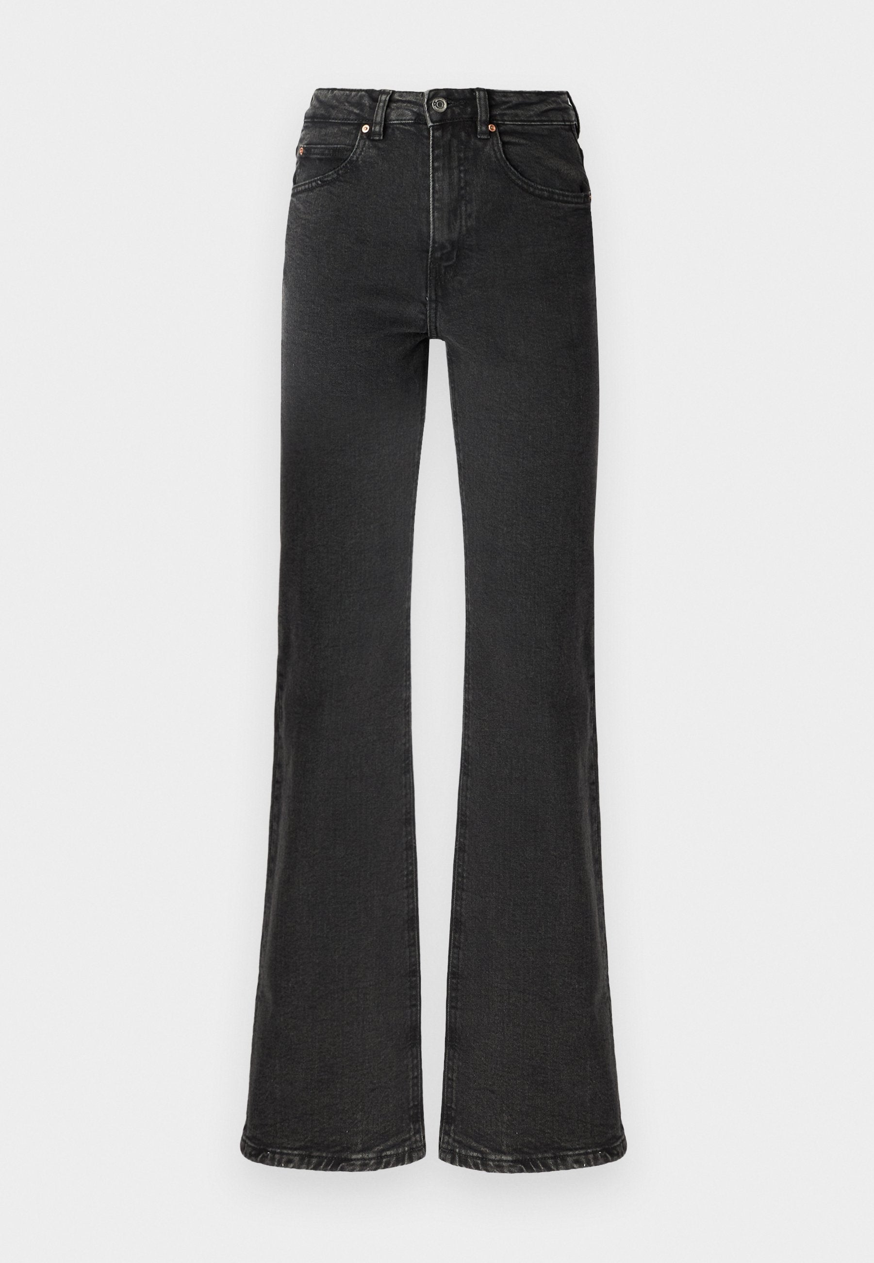 Schwarze weite Jeans aus Denim-Stoff mit hohem Bund, detaillierter Naht, zwei Fronttaschen und einem sauberen Abschluss am Saum.