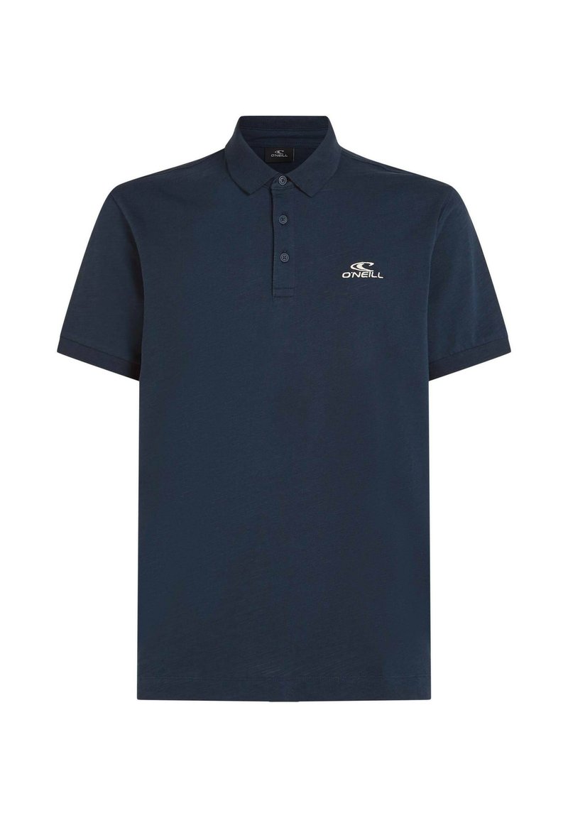 Marineblaues Poloshirt aus Baumwolle mit Kragen, kurzen Ärmeln und einem dezenten, links auf der Brust gestickten Logo.