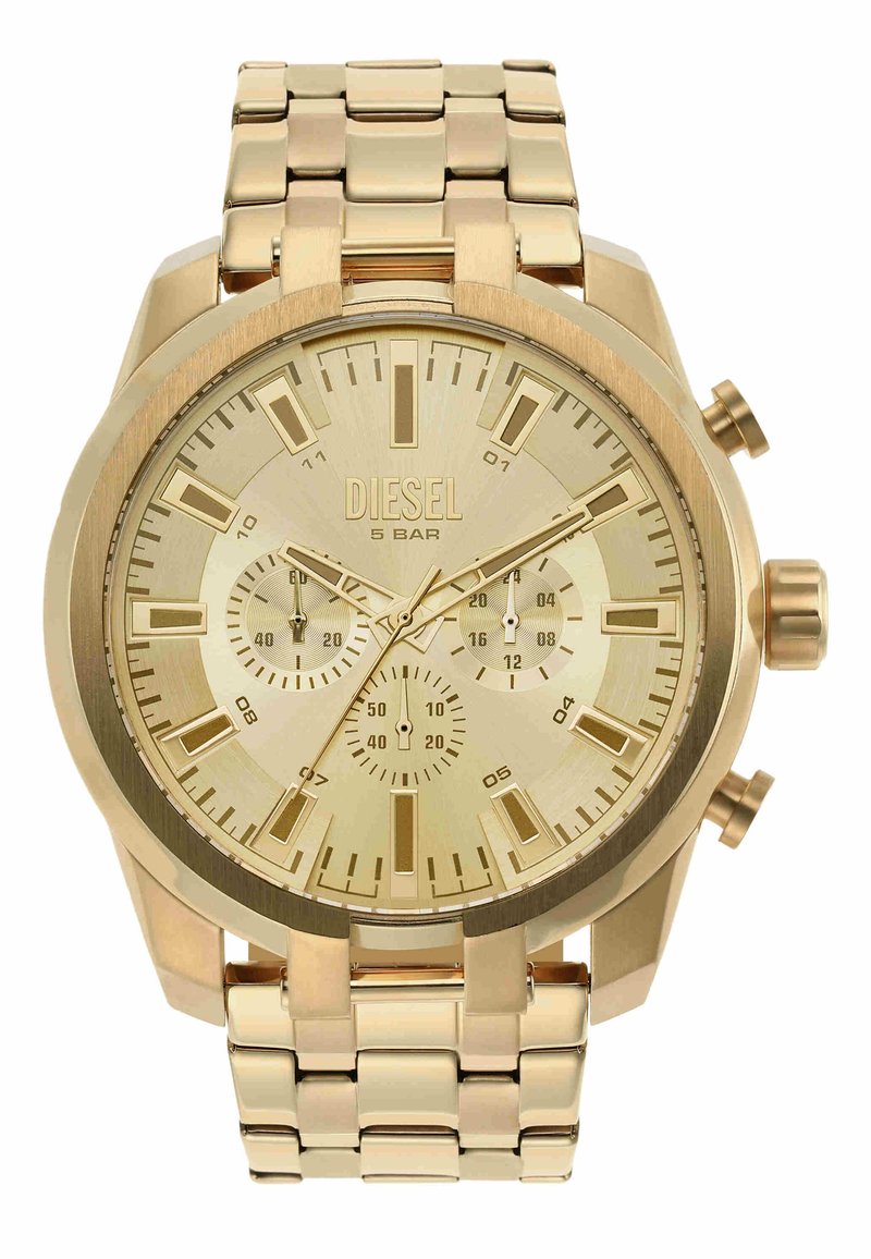 Goldfarbene Diesel-Armbanduhr mit Metallgliederband, drei Unterzifferblättern und Chronograph-Knöpfen, die die Uhrzeit 10:09:37 anzeigen.
