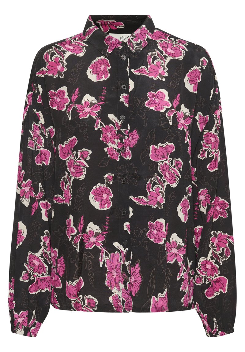 Blumenbluse mit schwarzem Hintergrund, die rosa und weiße Blumen zeigt. Lange Ärmel, Knopfverschluss vorne und ein klassisches Kragen-Design.