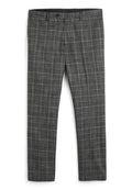 Graue Karohosen mit gewebter Textur, flachem Vorderteil und Gürtelschlaufen, mit subtilen Linien in Schwarz und Beige, die ein kariertes Muster erzeugen.