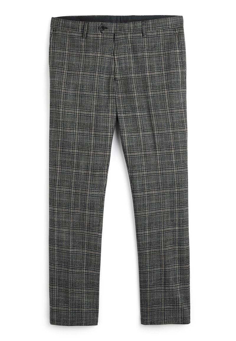 Graue Karohosen mit gewebter Textur, flachem Vorderteil und Gürtelschlaufen, mit subtilen Linien in Schwarz und Beige, die ein kariertes Muster erzeugen.