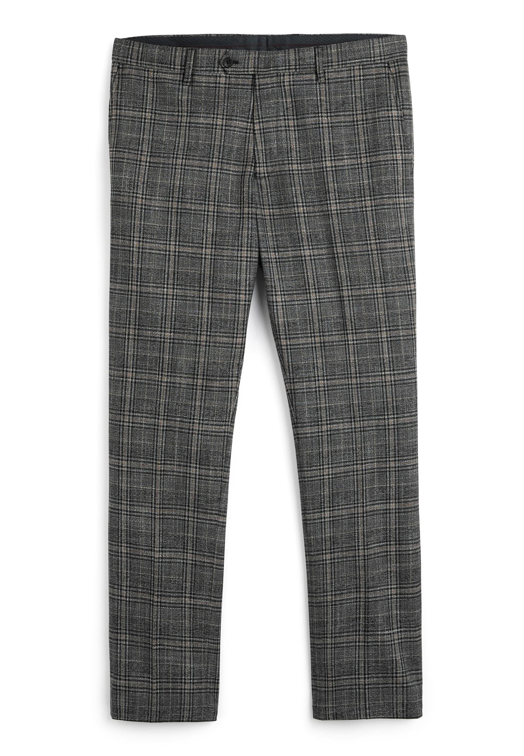 Graue Karohosen mit gewebter Textur, flachem Vorderteil und Gürtelschlaufen, mit subtilen Linien in Schwarz und Beige, die ein kariertes Muster erzeugen.