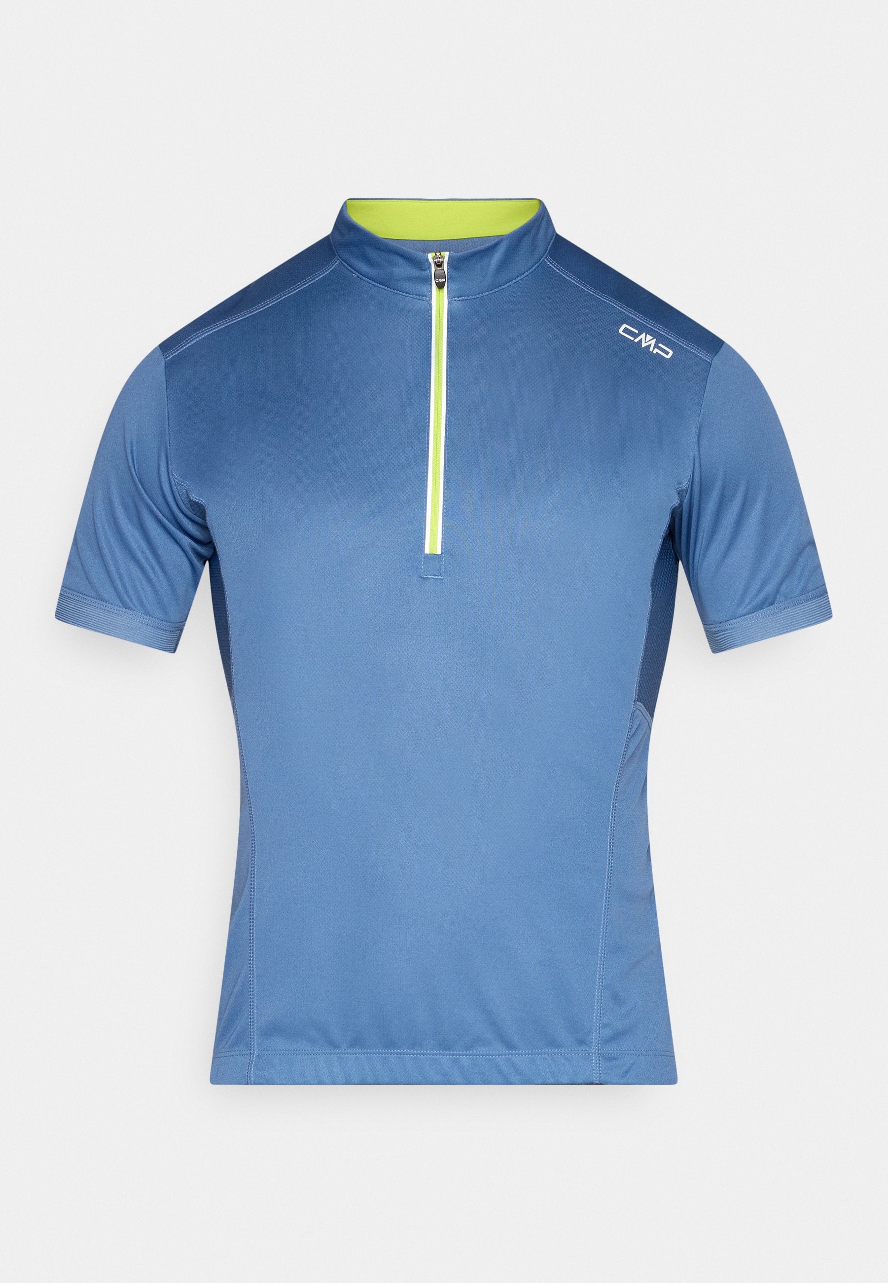 Kurzärmeliges blaues Radsporttrikot mit einem vorderen Viertel-Reißverschluss, limettengrünem Reißverschlussfutter und „CMP“-Logo auf der rechten Schulter.