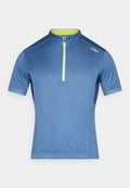 Kurzärmeliges blaues Radsporttrikot mit einem vorderen Viertel-Reißverschluss, limettengrünem Reißverschlussfutter und „CMP“-Logo auf der rechten Schulter.