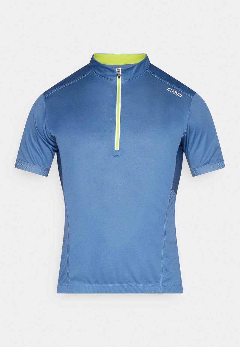 Kurzärmeliges blaues Radsporttrikot mit einem vorderen Viertel-Reißverschluss, limettengrünem Reißverschlussfutter und „CMP“-Logo auf der rechten Schulter.