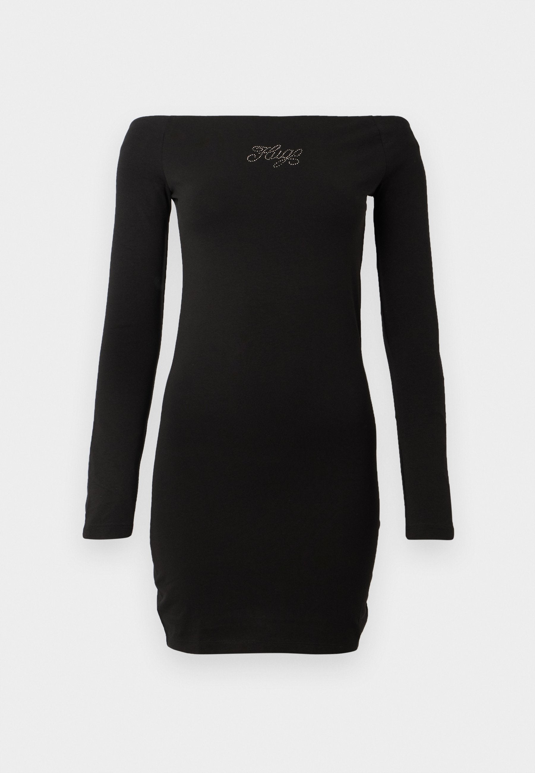 Schwarzes, schulterfreies Kleid mit langen Ärmeln, figurbetontes Design, aus glattem Stoff gefertigt, mit verzierten Text auf der Brust.