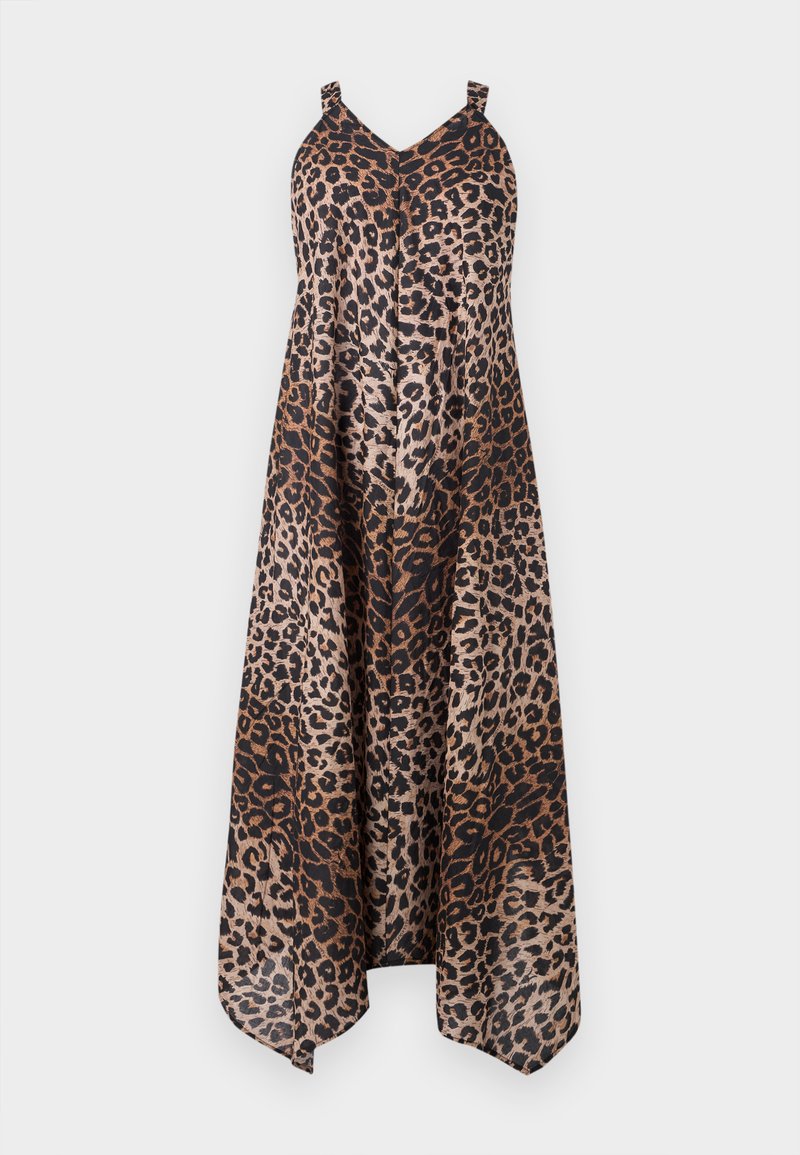 Kleid mit Leopardenmuster in lockerem, fließendem Design. Spaghettiträger, V-Ausschnitt und asymmetrischer Saum. Farbpalette umfasst Brauntöne und Schwarz.