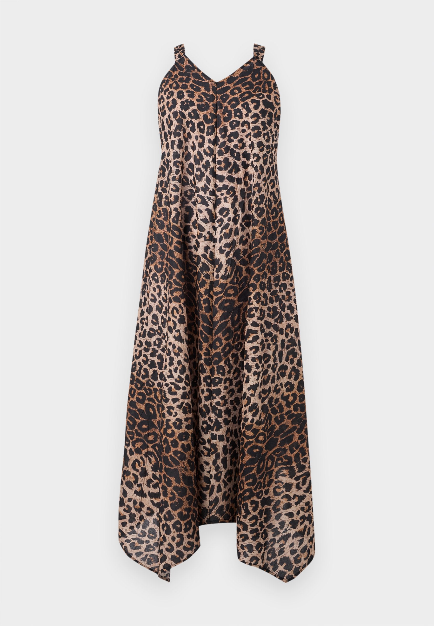 Kleid mit Leopardenmuster in lockerem, fließendem Design. Spaghettiträger, V-Ausschnitt und asymmetrischer Saum. Farbpalette umfasst Brauntöne und Schwarz.