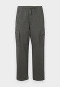 Dunkelgraue Cargo-Hosen mit elastischem Bund, Kordelzug, seitlichen Klappentaschen und geradem Beinschnitt.