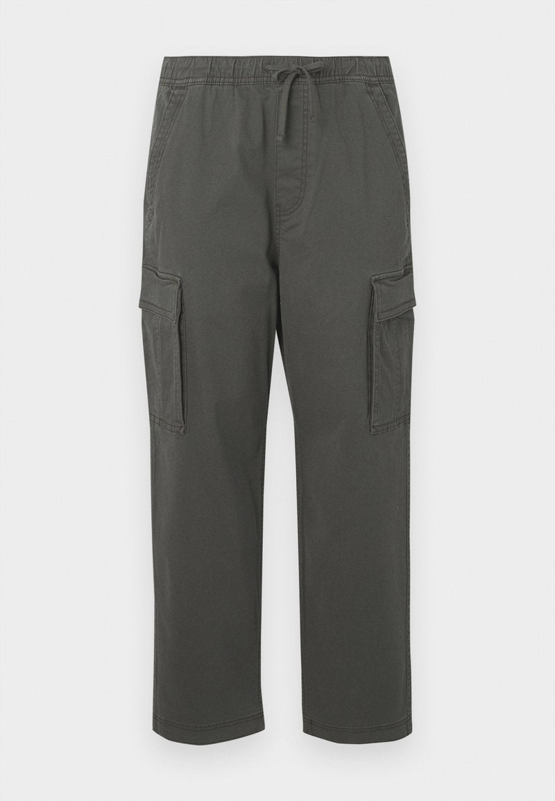 Dunkelgraue Cargo-Hosen mit elastischem Bund, Kordelzug, seitlichen Klappentaschen und geradem Beinschnitt.