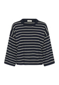 Marineblaues Baumwoll-Sweatshirt mit weißen horizontalen Streifen, langen Ärmeln, Rundhalsausschnitt und verkürztem Schnitt. Das Etikett lautet "soaked."