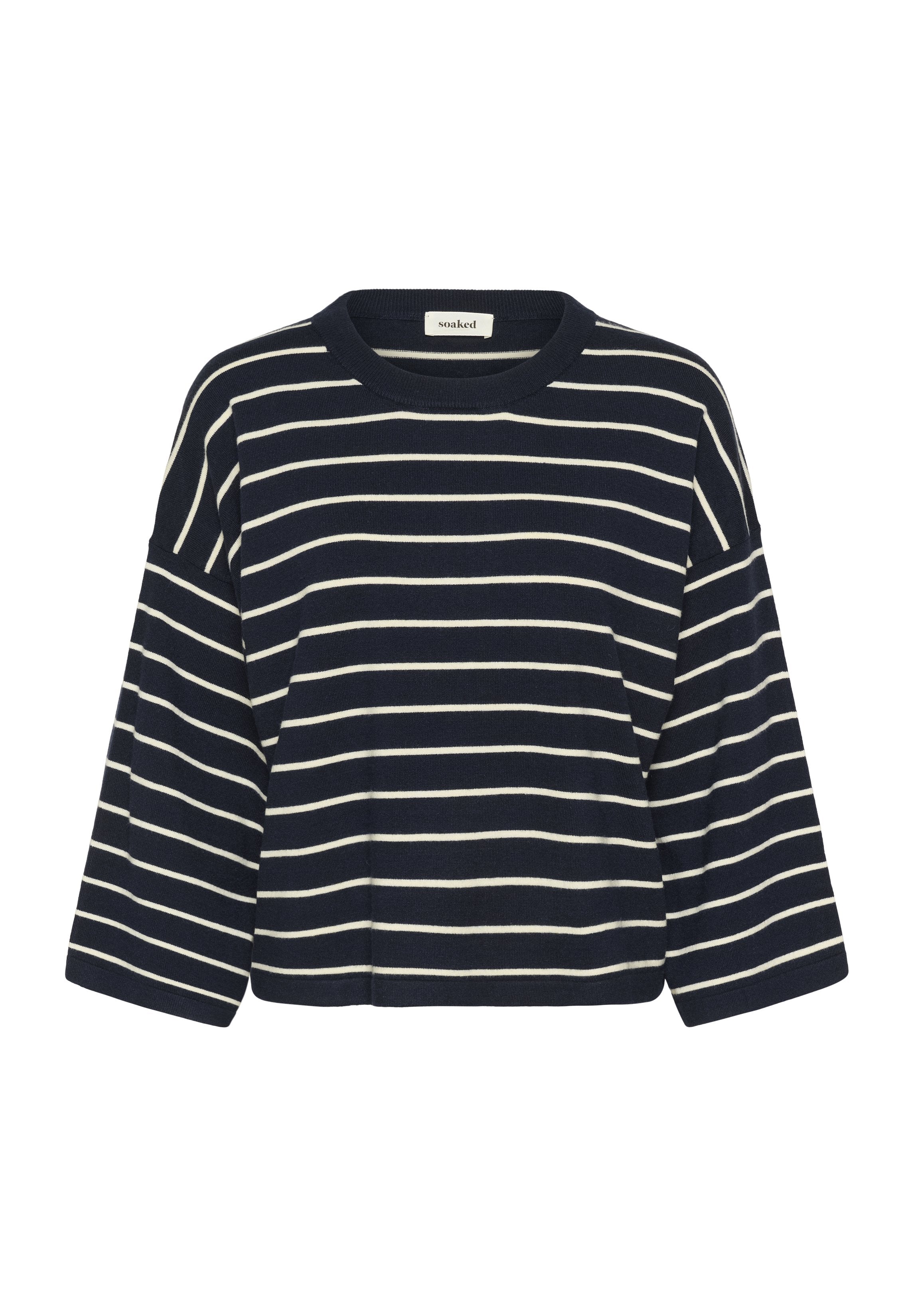 Marineblaues Baumwoll-Sweatshirt mit weißen horizontalen Streifen, langen Ärmeln, Rundhalsausschnitt und verkürztem Schnitt. Das Etikett lautet "soaked."