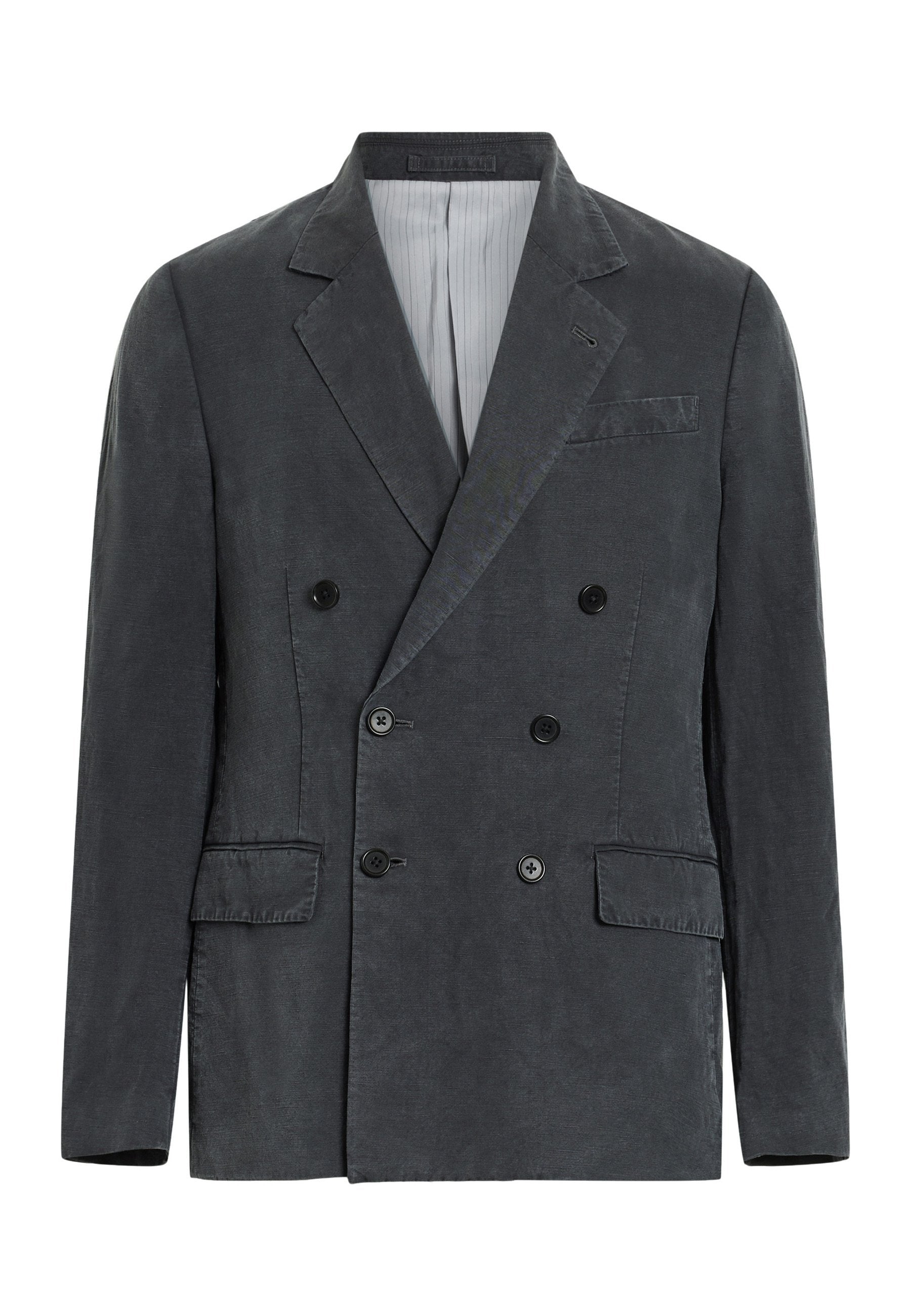 Doppelreiher-Blazer aus dunkelgrauem Leinen mit Reverskragen, zwei Taschen und schwarzen Knöpfen; leicht strukturiertem Stoff.