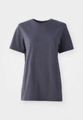 Kurzärmliges T-Shirt aus dunkelgrauer Baumwolle, mit Rundhalsausschnitt, glatter Textur, geradem Saum, ohne sichtbare Muster oder Hardwaredetails.