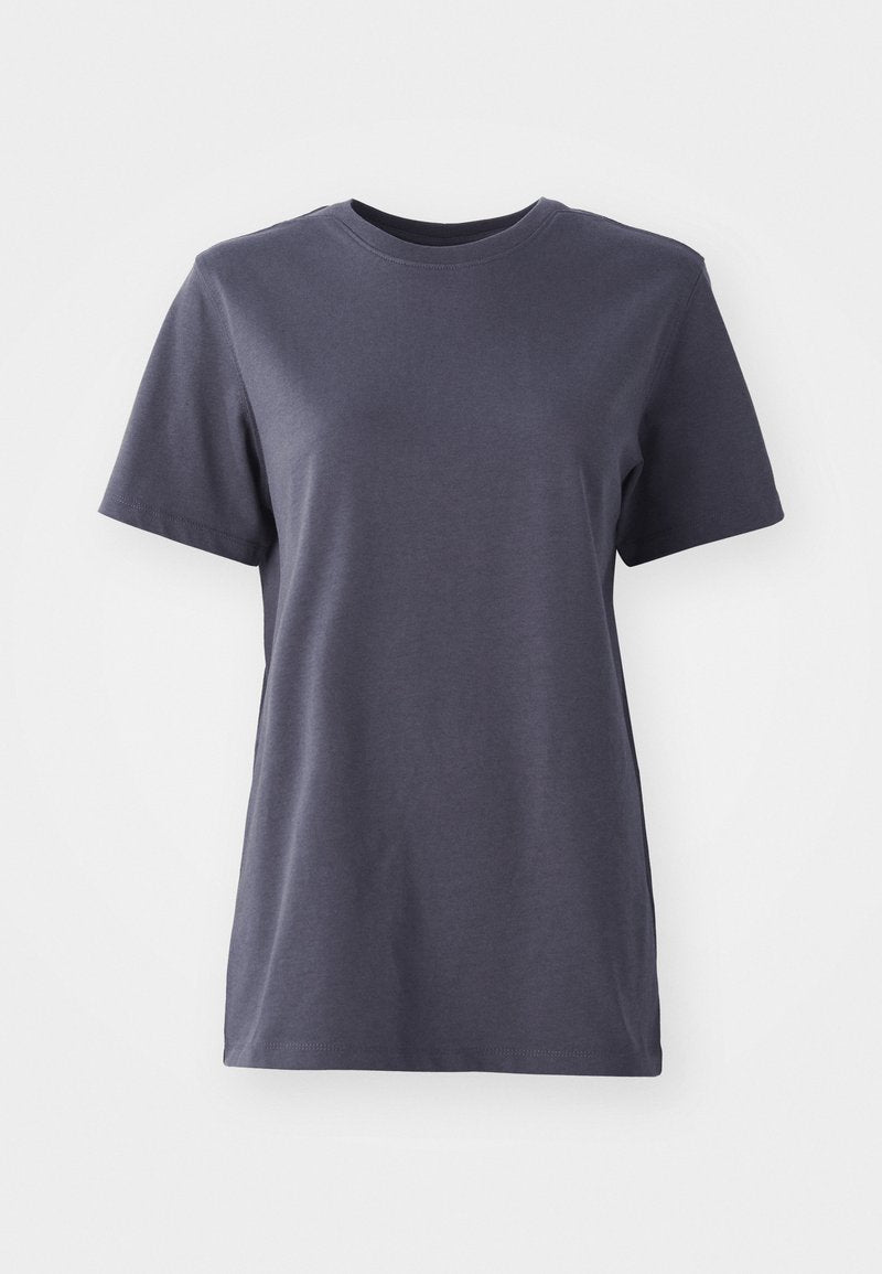 Kurzärmliges T-Shirt aus dunkelgrauer Baumwolle, mit Rundhalsausschnitt, glatter Textur, geradem Saum, ohne sichtbare Muster oder Hardwaredetails.