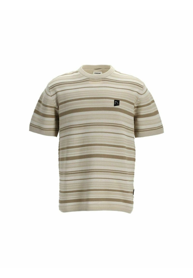 Gestreiftes Kurzarm-T-Shirt in Beige und Hellbraun, mit gerippter Textur und kleinem schwarzem Logo auf der linken Brust.