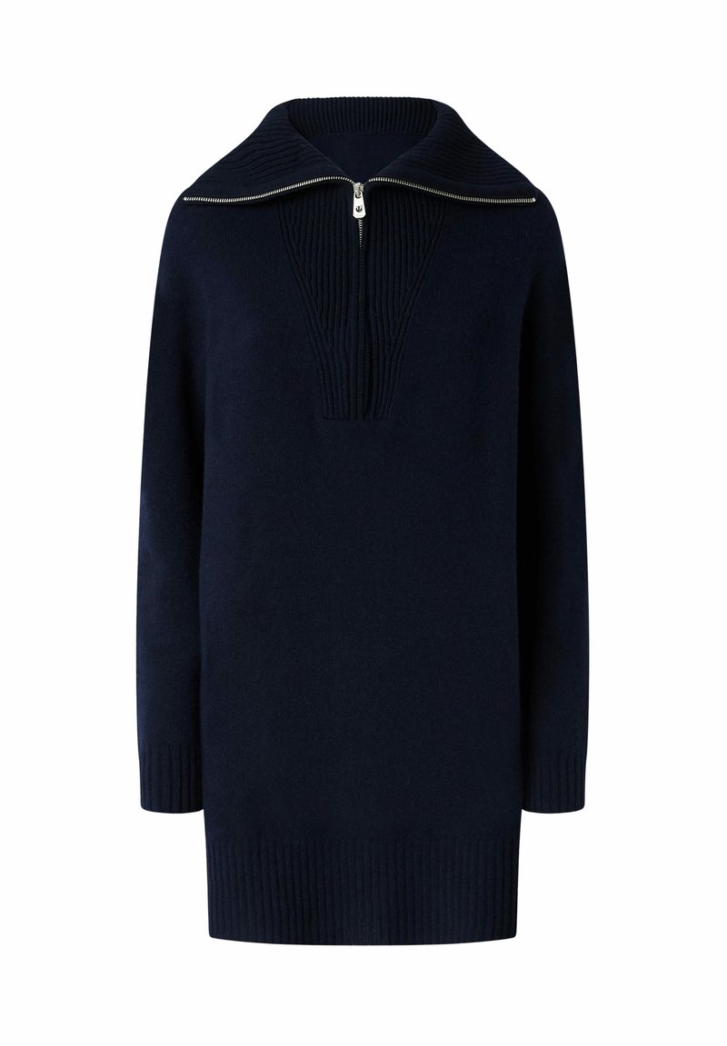 Marineblauer Strickpullover mit hohem geripptem Kragen und einem halben Reißverschluss, der über strukturiertes Detail auf der Vorderseite sowie gerippte Bündchen und Saum verfügt.