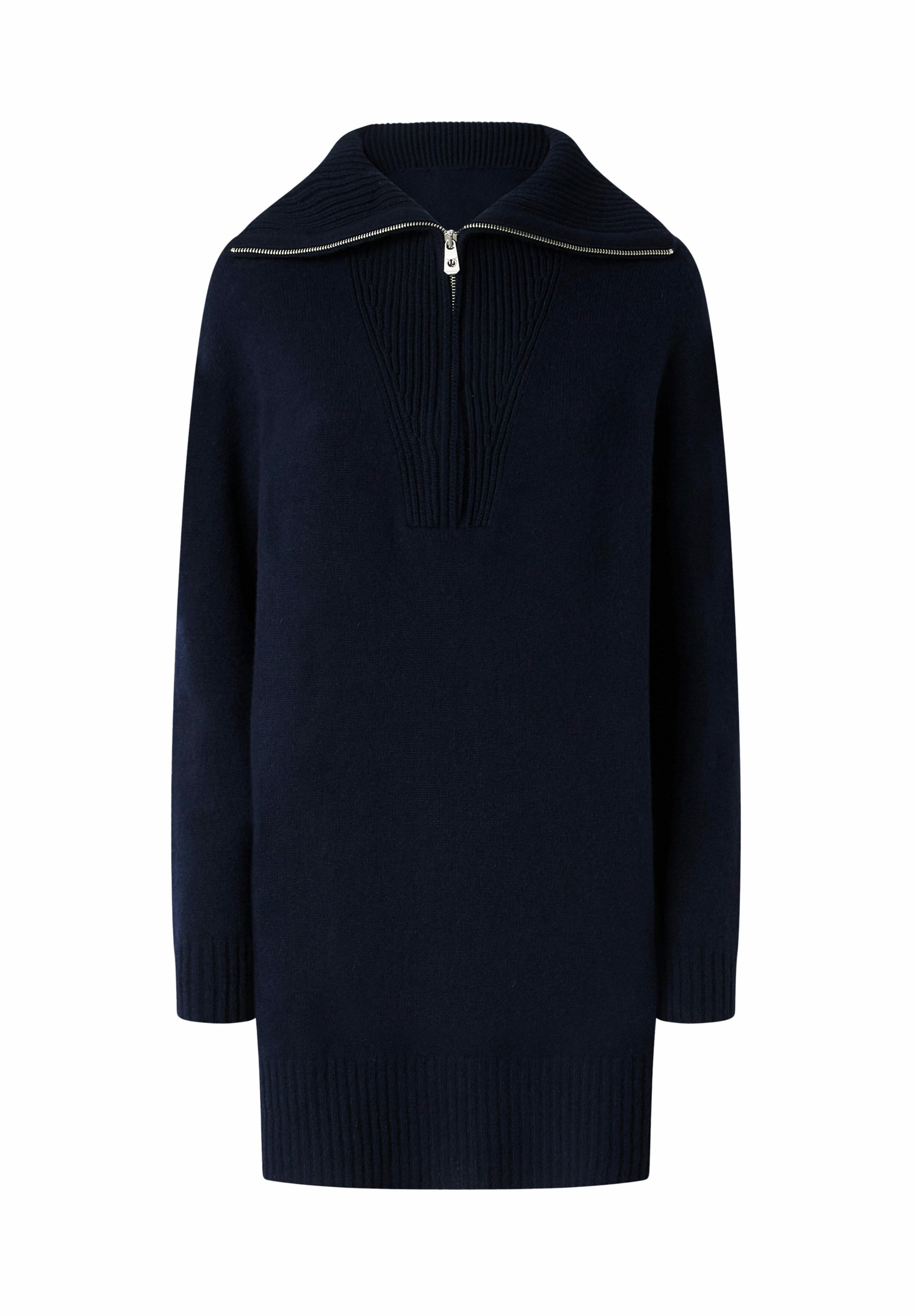 Marineblauer Strickpullover mit hohem geripptem Kragen und einem halben Reißverschluss, der über strukturiertes Detail auf der Vorderseite sowie gerippte Bündchen und Saum verfügt.