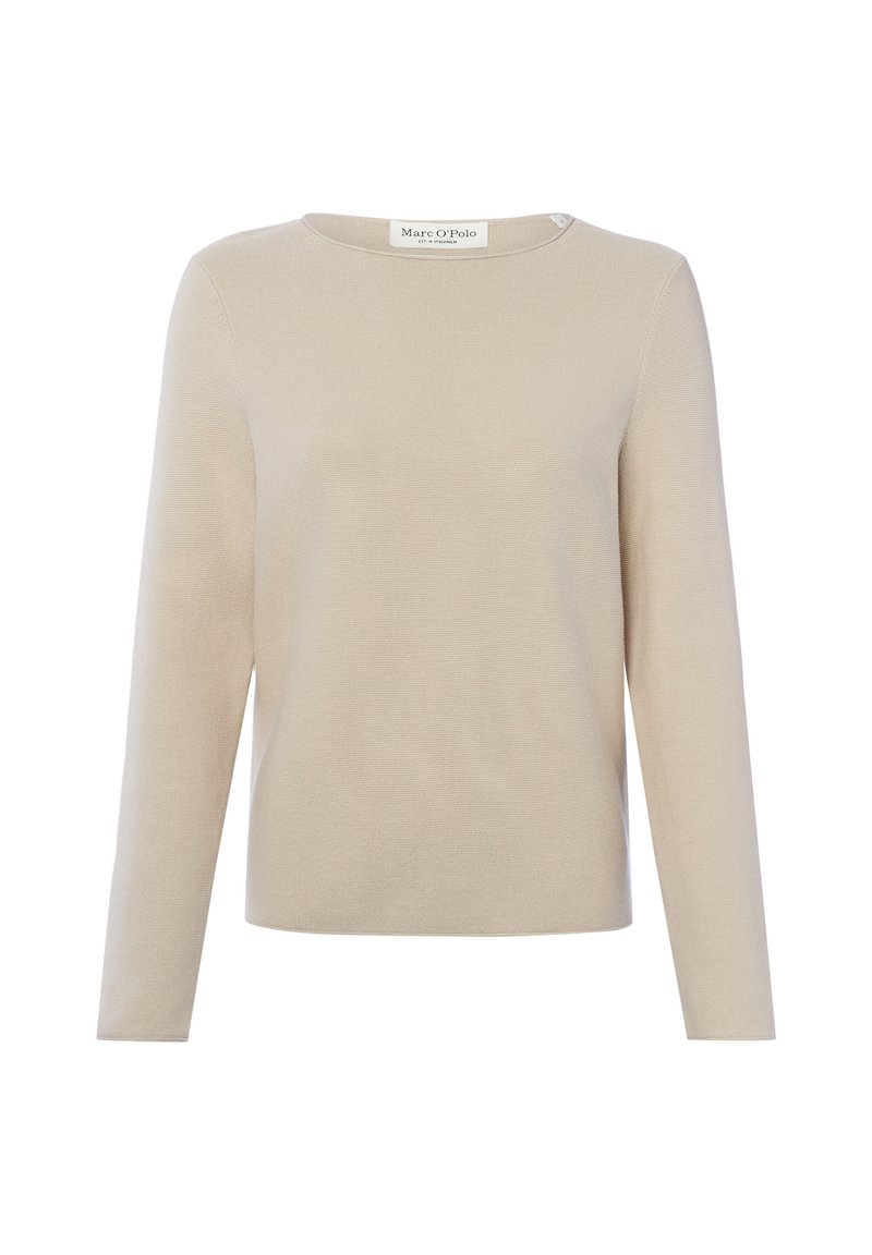 Beiger Pullover mit Rundhalsausschnitt und langen Ärmeln, mit feiner gerippter Struktur und einem Markenetikett im inneren Nackenbereich.