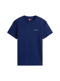 Tiefblaue Baumwoll-T-Shirts mit rundem Halsausschnitt, kurzen Ärmeln und dem "tommy jeans"-Logo in Hellgrün auf der linken Brust.