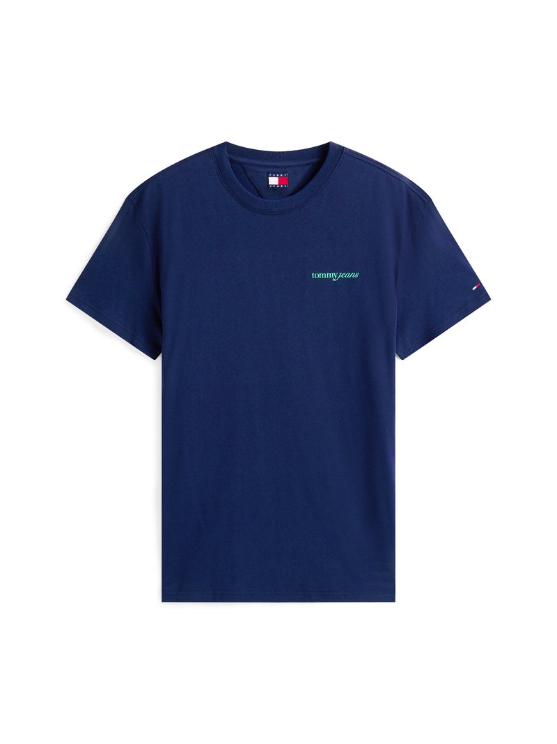Tiefblaue Baumwoll-T-Shirts mit rundem Halsausschnitt, kurzen Ärmeln und dem "tommy jeans"-Logo in Hellgrün auf der linken Brust.