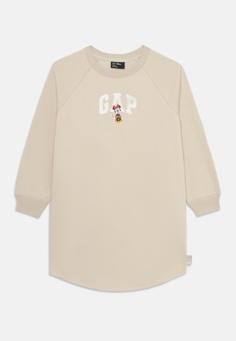 Beige Langarm-Sweatshirt mit Raglanärmeln. Verziert mit gesticktem "GAP"-Logo und einer Cartoonfigur. Weicher Stoff, lässiges Design.