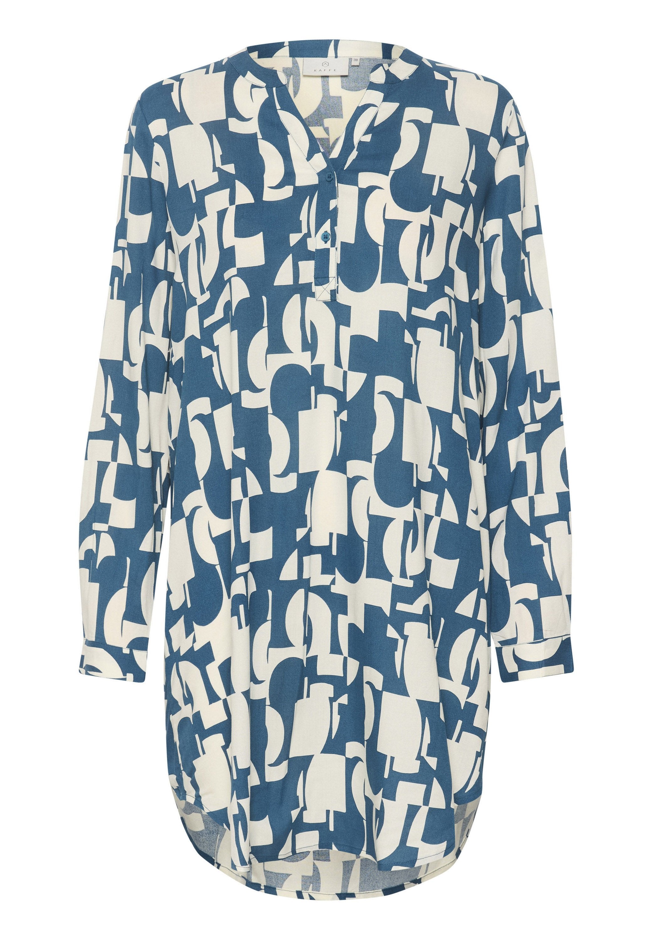 Blau-weiße Langarm-Tunika mit einem abstrakten geometrischen Muster, kragenlosem Design und geradem Schnitt mit abgerundetem Saum.