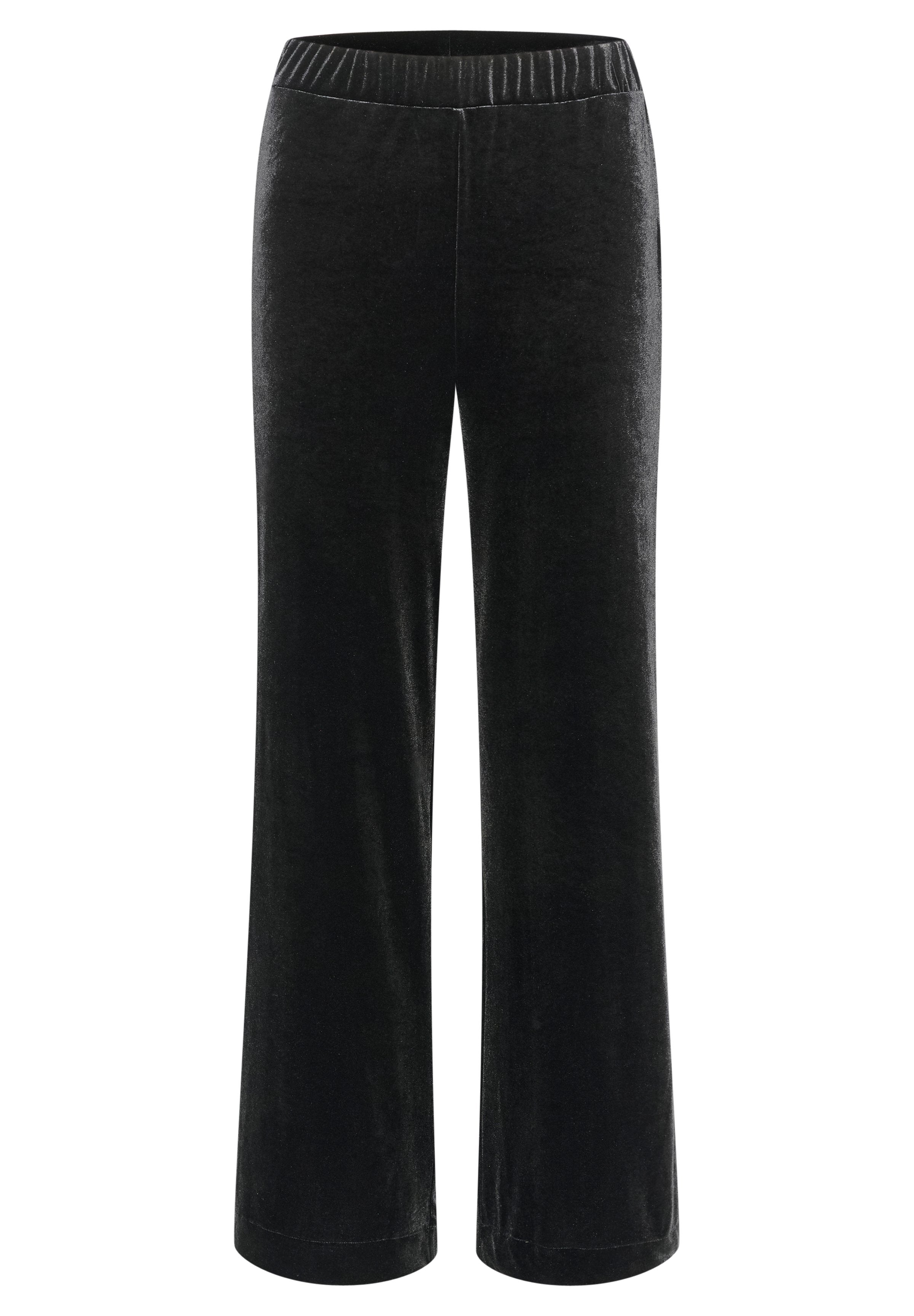 Schwarze Samt-Hosen mit weitem Bein, ausgestattet mit einem elastischen Bund und einer weichen, glatten Textur, die sich gut für legere Anlässe eignet.