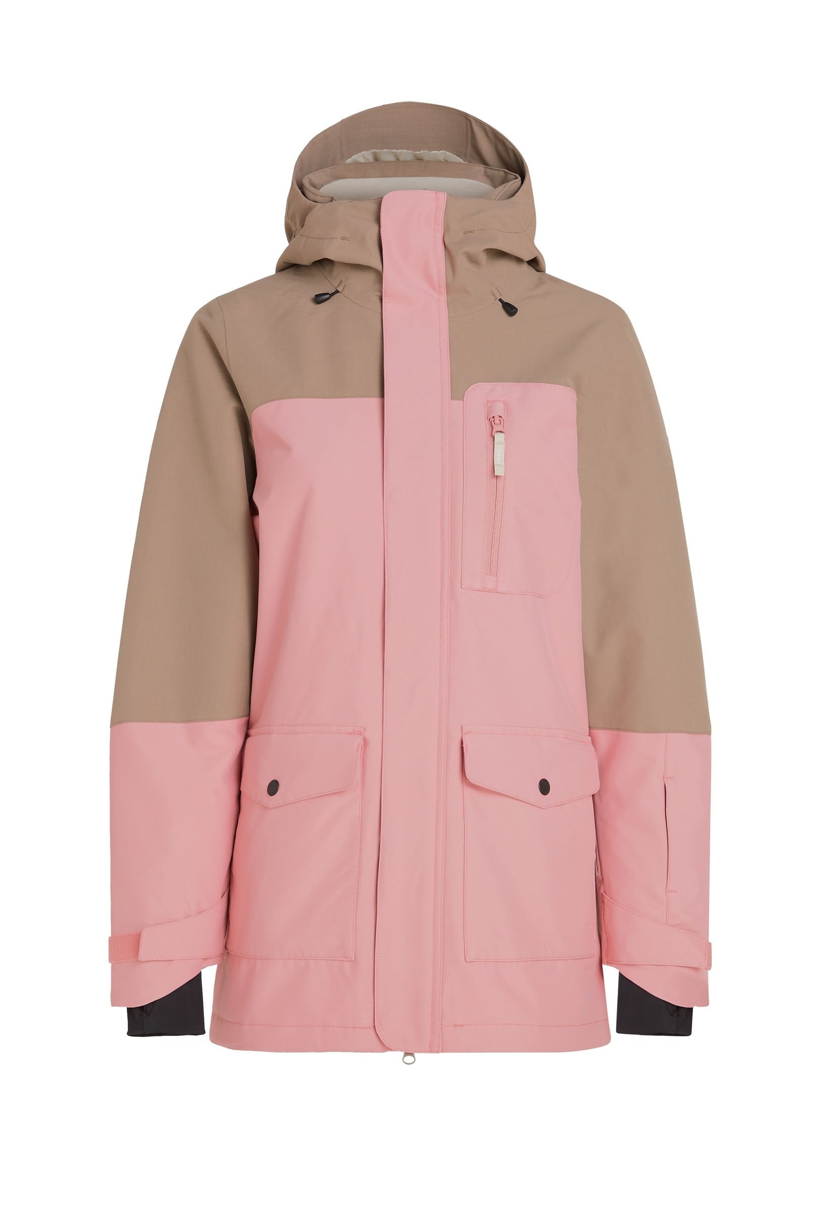 Wasserdichte Jacke in Pink und Beige. Verfügt über eine Kapuze, einen Frontreißverschluss, eine Brusttasche und zwei untere Taschen. Geschmeidige Textur mit verstellbaren Bündchen.