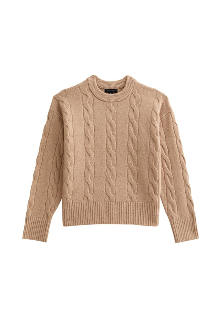 Beige gestrickter Pullover mit Zopfmuster, langen Ärmeln, gerippten Bündchen, Kragen und Saum.