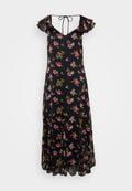 Schwarz gemustertes Kleid mit Rüschensäumen, tiefem V-Ausschnitt und Bindeband. Mit pinken und gelben Blumen auf einem leichten Stoff. Midi-Länge.