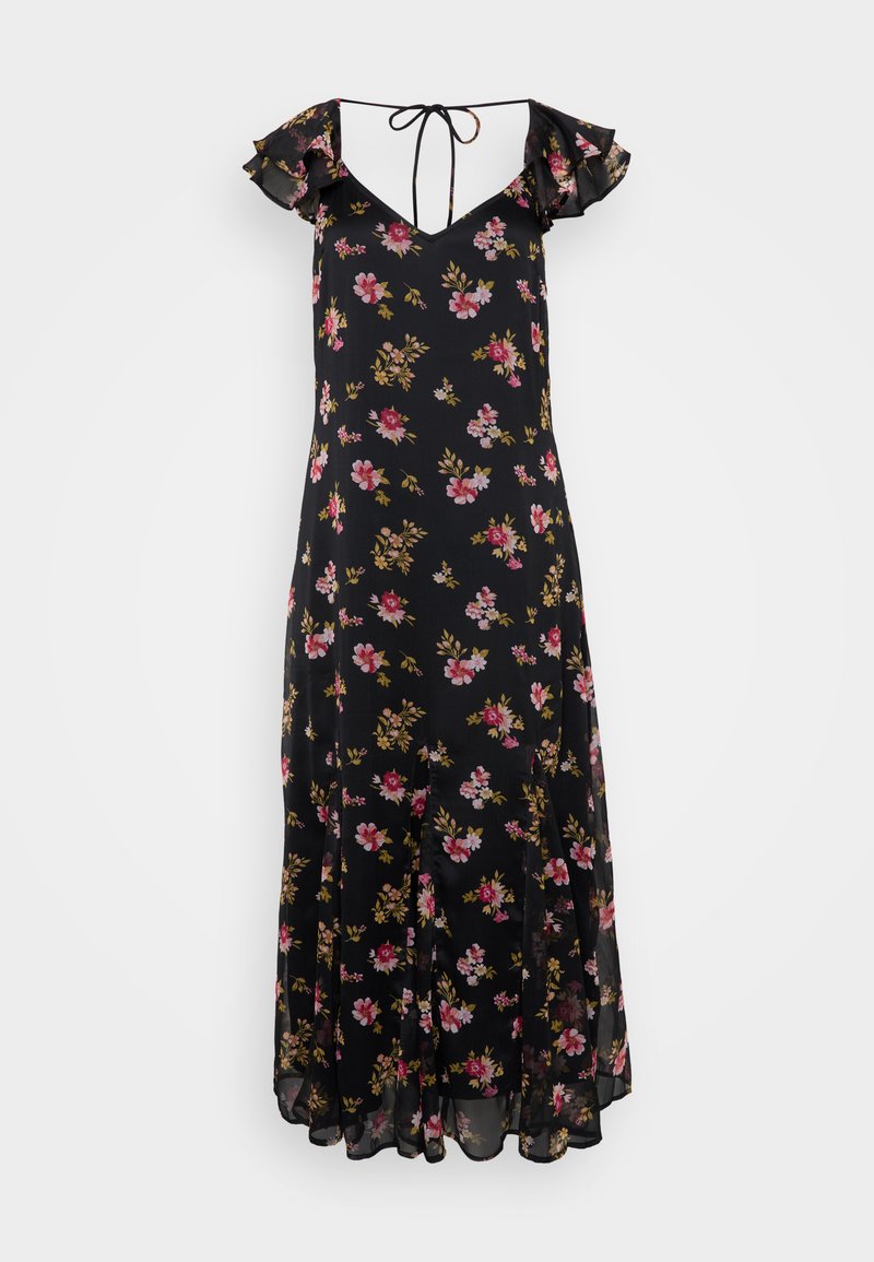 Schwarz gemustertes Kleid mit Rüschensäumen, tiefem V-Ausschnitt und Bindeband. Mit pinken und gelben Blumen auf einem leichten Stoff. Midi-Länge.