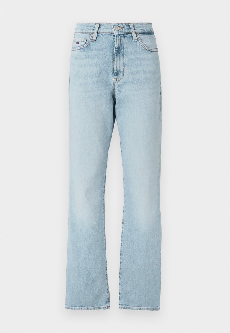 Hellblaue Jeans aus Denim mit geradem Bein, ausgestattet mit einem klassischen Fünf-Taschen-Design und einer Knopfleiste vorne.