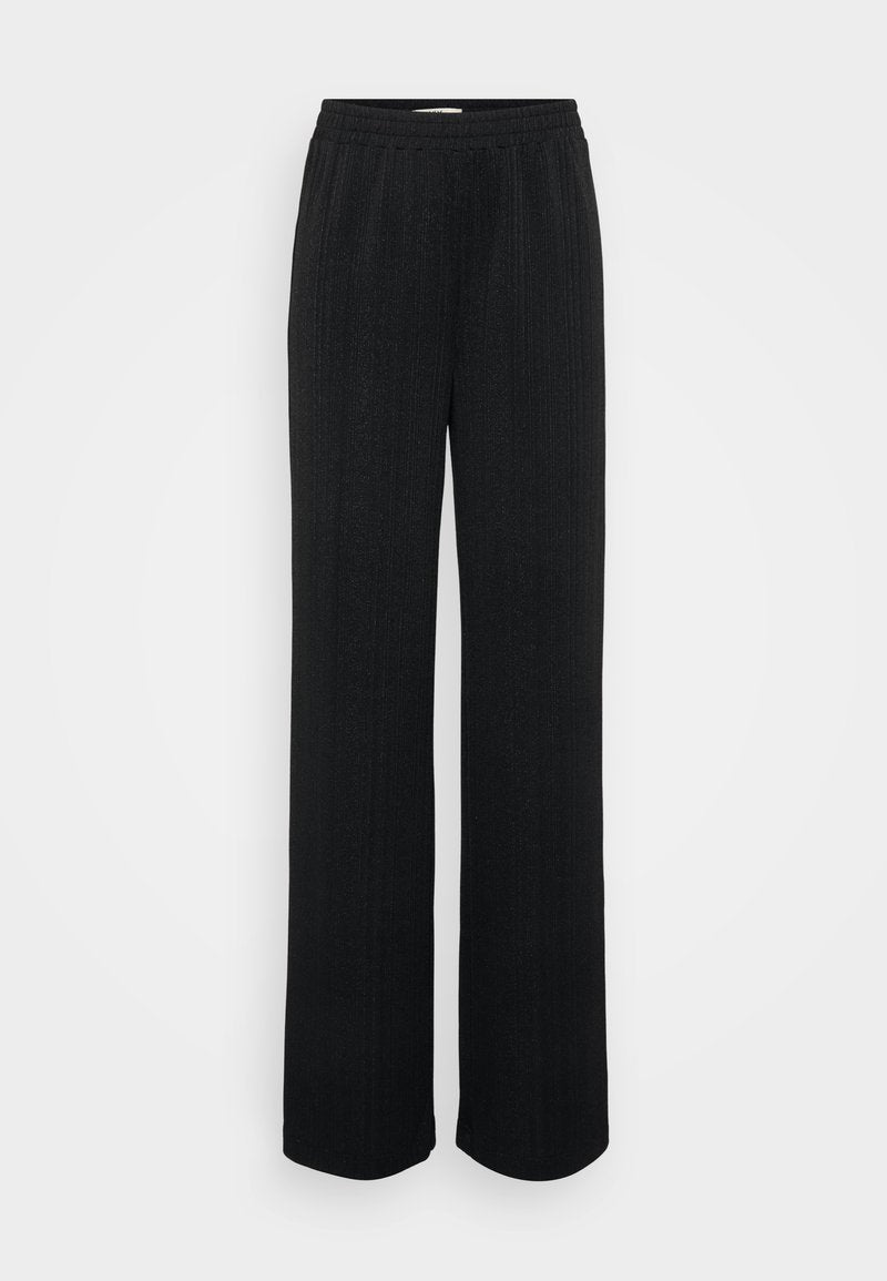 Schwarze weitgeschnittene Hose aus einem strukturierten Stoff mit vertikalen Streifen und einem elastischen Bund für zusätzlichen Komfort.