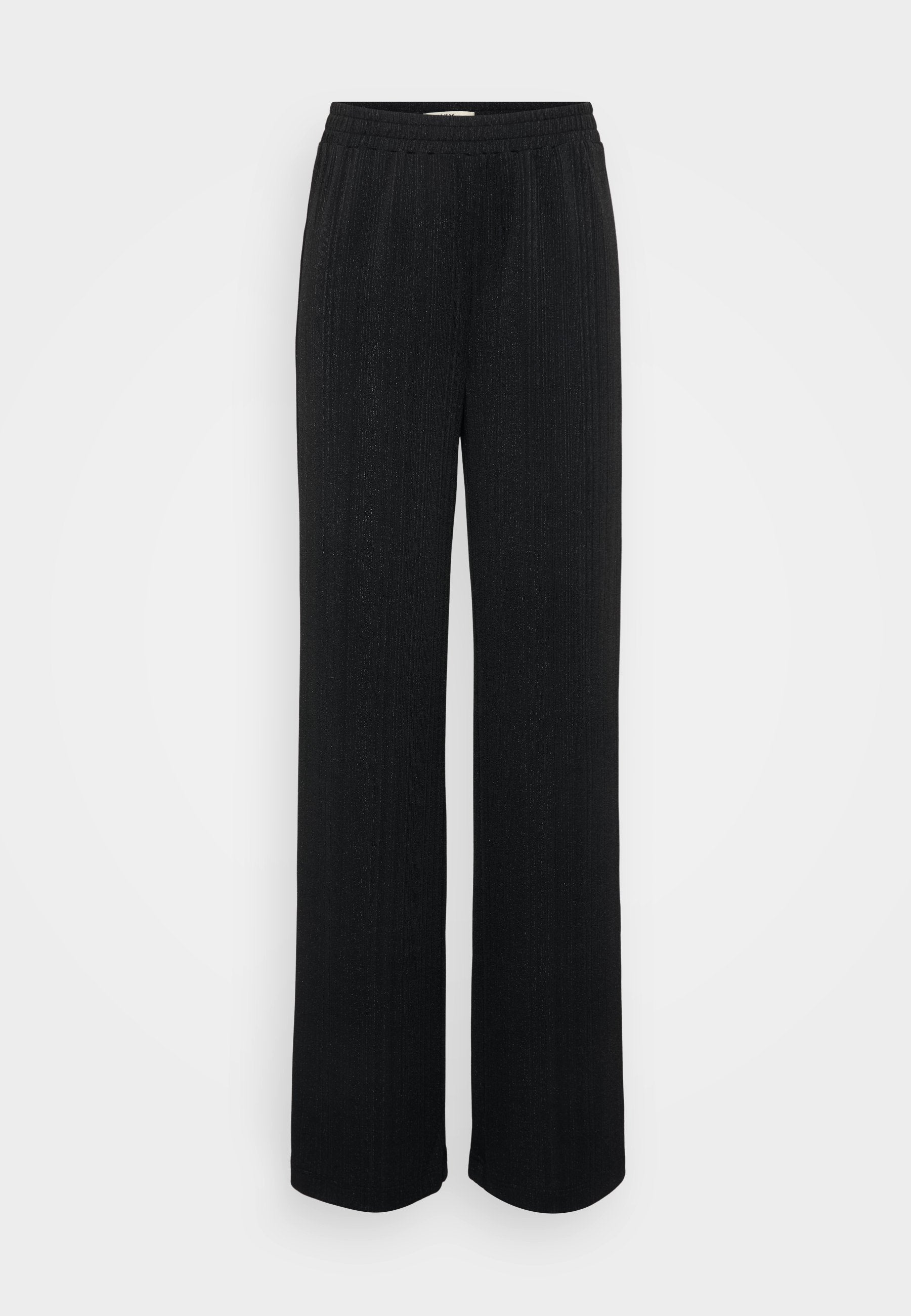 Schwarze weitgeschnittene Hose aus einem strukturierten Stoff mit vertikalen Streifen und einem elastischen Bund für zusätzlichen Komfort.